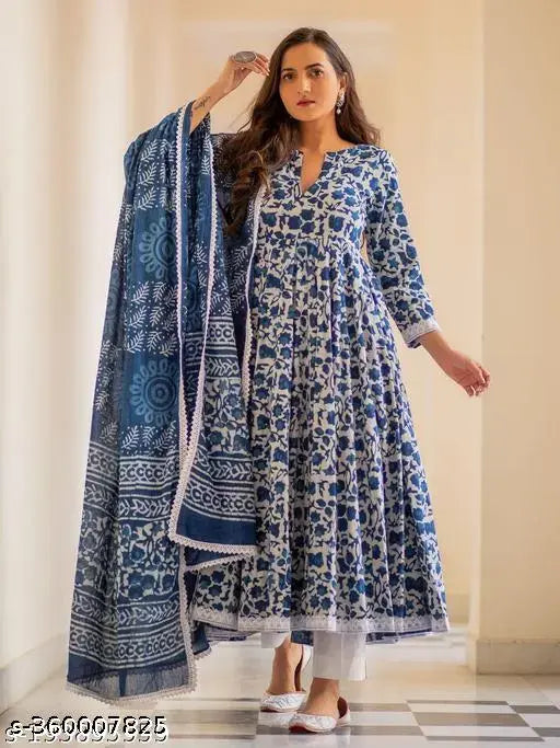 Rayon Anarkali set with pant and dupatta: printed Indian kurta with three-quarter sleeves and matching bottomwear
