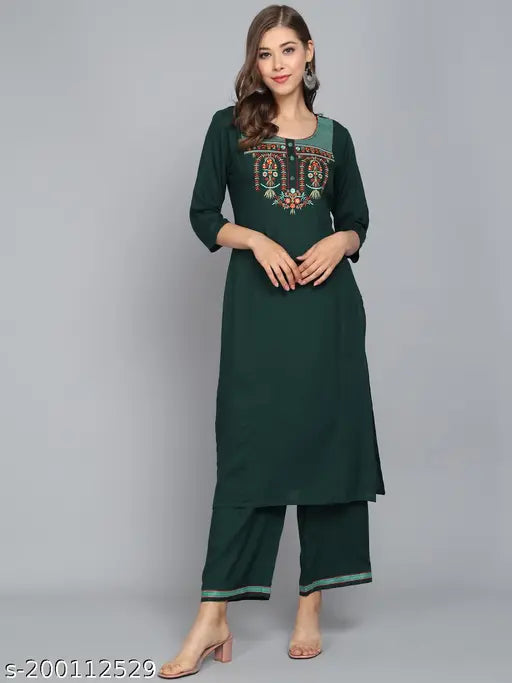 Dark green rayon embroidery kurta set with palazzos, women's traditional Indian attire