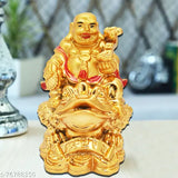Gold resin laughing Buddha on frog with money coins, symbolizing prosperity and wealth