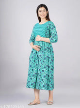 Printed cotton maternity kurta in light colors, three-quarter sleeves. Comfortable, stylish, perfect for events. Indian origin