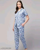 Stylish printed cotton night suits, short-sleeved pyjamas set with vibrant patterns. Available in S, M, L, XL, XXL sizes. Indian origin
