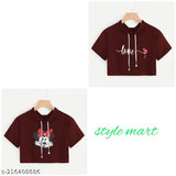 Women's cotton blend premium printed crop hoodie T-shirt, short sleeves, stylish design from India