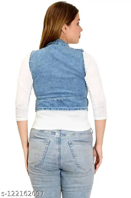 Gracestylish sleeveless denim jacket for girls, printed with romantic design, size 11-16 years, made in India