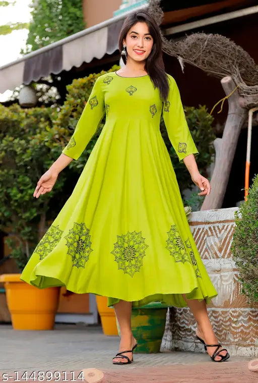 Green Rayon Hand Block Printed Anarkali Long Sleeve Kurti, size S-XXXL