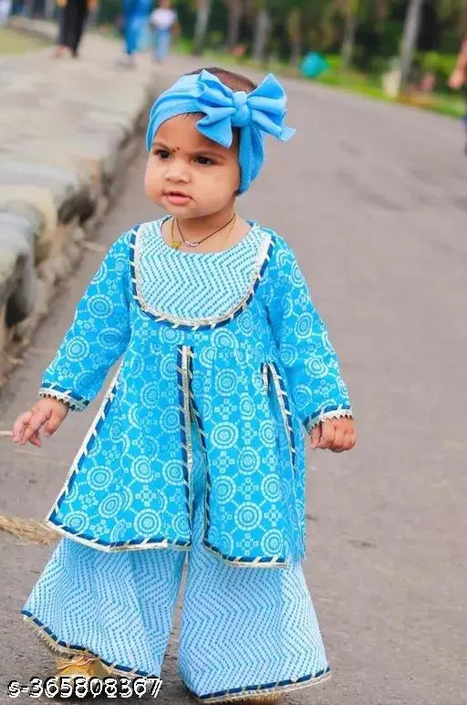 Pure cotton blue Sanganeri printed kurti sharara set for girls, traditional Indian ethnic wear with A-line top and above knee length