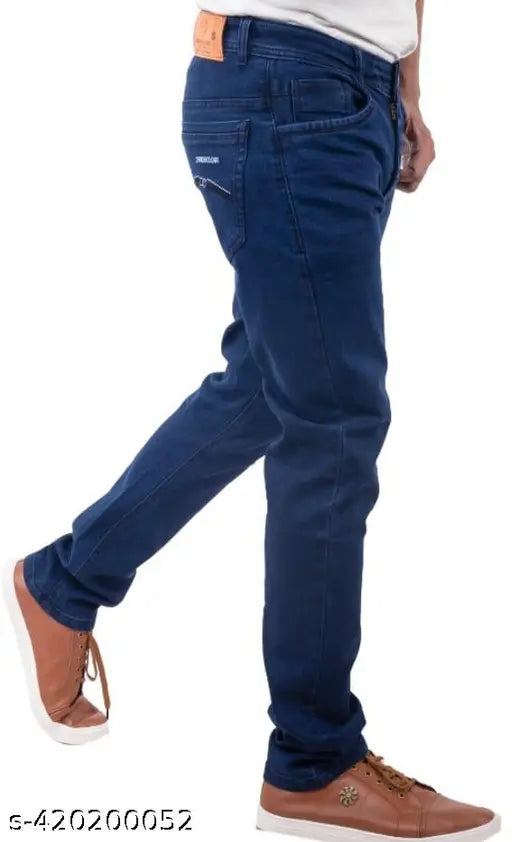 Blue satin full-length slim-fit jeans for men, trendy party wear on model