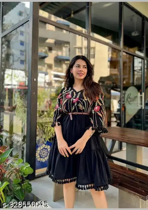 Rayon floral embroidered A-line midi dress for women party wear, multi-color with three-quarter sleeves. Dress size S, M, L, XL, XXL, XXXL. Beautifully embellished top, ideal for formal events