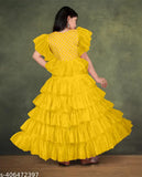 A. K. Enterprise net ruffle gown, embroidered and beaded dress for parties, solid color, short sleeves, Indian handcrafted fashion for ages 5-16 years