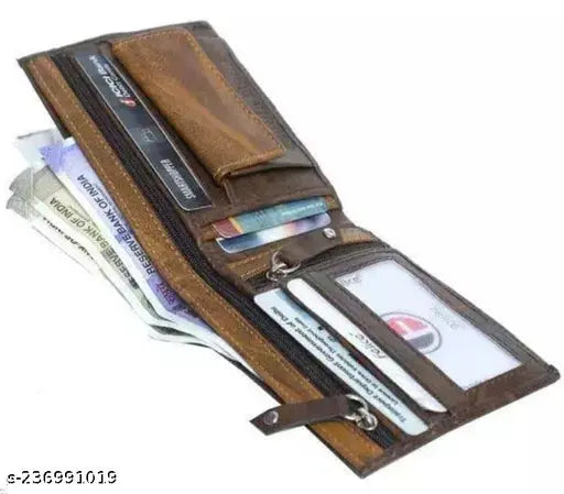 Brown PU chain wallet with 2 compartments and textured pattern, ideal for men and women, featuring card pockets, currency compartment, transparent ID pocket, and more