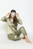 Green satin pyjama set for women, solid design with long sleeves, Made in India
