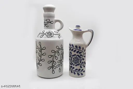 Handmade ceramic oil dispenser, 1000ml/300ml capacity for kitchen, Kraftlik Handicrafts, stylish design with lid for easy pouring and refilling, perfect for counter top and dinner table upgrades. Made in India