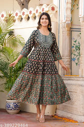 Green rayon embroidered flared anarkali gown for women and girls, printed combo style