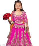 Embroidered poly silk lehenga choli ethnic wear for girls, semi-stitched net dupatta, short sleeves. Indian kids traditional outfit set