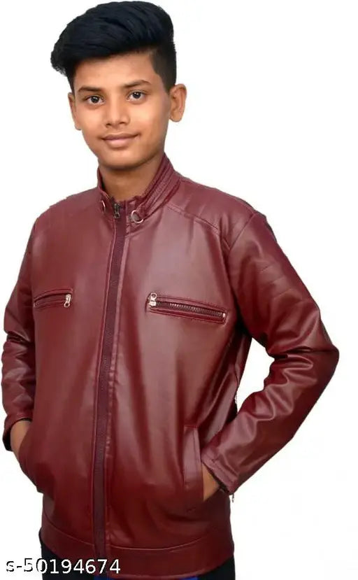 Boys brown leather jacket & coat - waterproof, solid pattern, long sleeves, multiple sizes from 2-3 years to 14-15 years