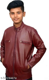 Boys brown leather jacket & coat - waterproof, solid pattern, long sleeves, multiple sizes from 2-3 years to 14-15 years