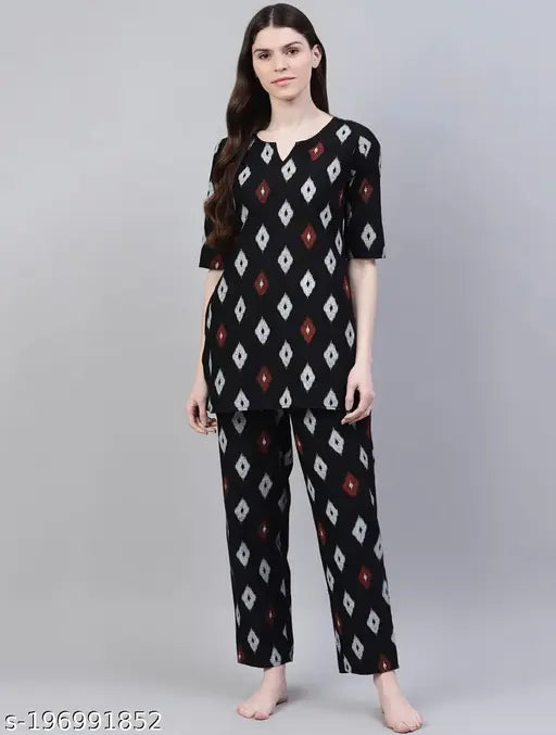 Black and white printed rayon night suit, ASN Women's pyjamas with three-quarter sleeves, India-origin fashion essential for sleepwear