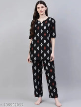 Black and white printed rayon night suit, ASN Women's pyjamas with three-quarter sleeves, India-origin fashion essential for sleepwear