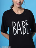 Black oversized drop shoulder cotton T-shirt with three-quarter sleeves and printed pattern, women's size S (bust 38in, length 28in), made in India
