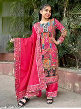 Pink cotton blend heavy fancy children's A-line palazzo suit set with dupatta, embellished and mirror work detail, viral Pakistani design