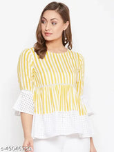 Striped Rayon top for women, three-quarter sleeves, ideal for office and casual wear. Lightweight and breathable, perfect for hot weather. Check size chart before purchase (Made in India)