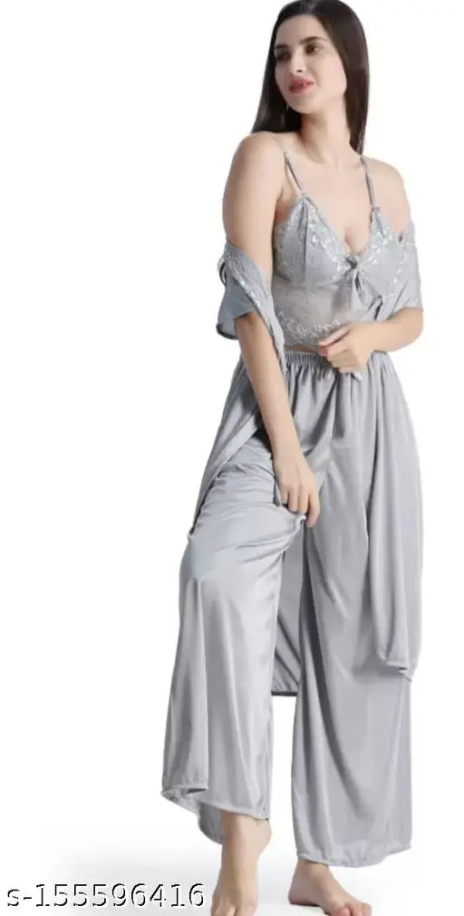 Satin Lace Women's Pyjamas Set with Saxy Night Dress - Indian-made embroidered net nightwear