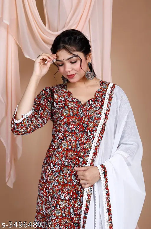 Elegant cotton kurti Sharara dupatta set with three-quarter sleeves, featuring floral print and lace, fit for parties, India origin