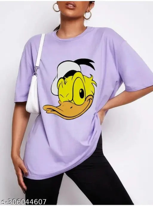 Trendy oversized half sleeve cotton blend women's t-shirt, printed pattern, short sleeves, size L