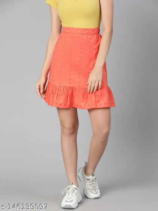 Orange cotton skirt, solid pattern, elasticated waist, flared hem, women's fashion