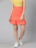Orange cotton skirt, solid pattern, elasticated waist, flared hem, women's fashion