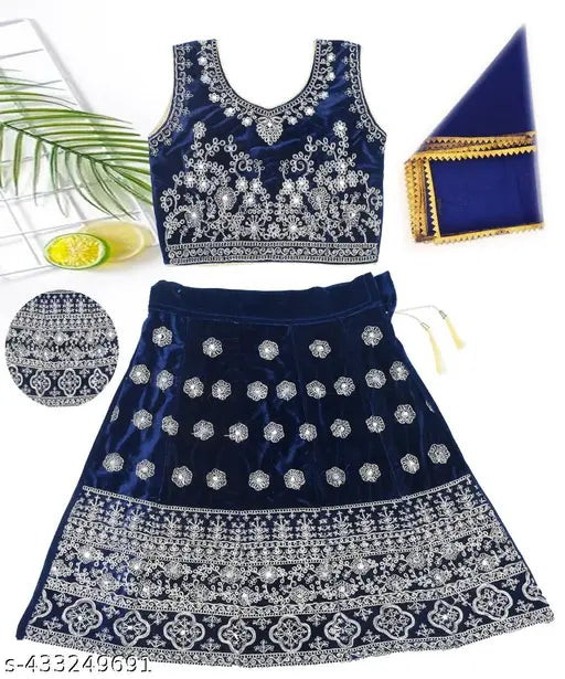 Velvet Kids LehengaCholi with embroidered pattern, self-designed sleeveless top and net dupatta. 1-6 years sizes available, made in India