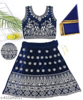 Velvet Kids LehengaCholi with embroidered pattern, self-designed sleeveless top and net dupatta. 1-6 years sizes available, made in India