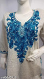 Light grey over blue embroidered woolen kurti for women, stylish and trendy Indian attire with three-quarter sleeves