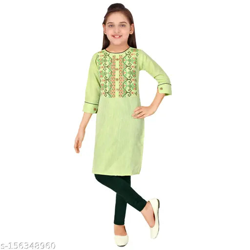Chanderi cotton blend embroidered kurti set with leggings, A-line style in printed design. Various sizes available for kids aged 4-16