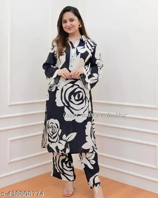 Classic rayon kurti sets with palazzo bottoms, three-quarter sleeves, printed net design. Set of 2 sizes: S, M, L, XL, XXL. Indian origin