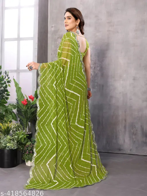 Women's trending Georgette Leheriya printed saree in free size, featuring a solid-colored running blouse and single net quantity, perfect for Bollywood-inspired fashion