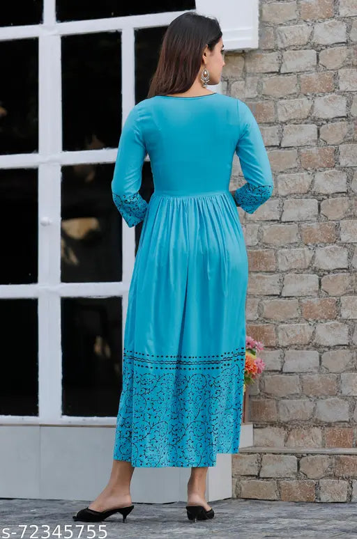 Hand block printed rayon kurti, three-quarter sleeve with vibrant Indian print design, available in sizes S, M, L, XL, XXL, XXXL