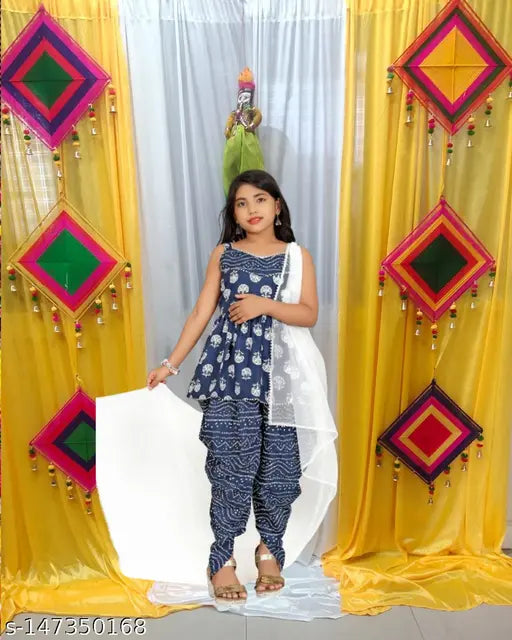 Blue kids girls cotton kurta dhoti dupatta set, A-line top with ruffle layer, elasticated waist dhoti pants, color-block printed, perfect for summer, versatile wardrobe addition, Indian origin