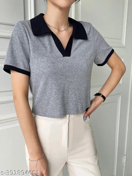 Cotton contrast rib collar T-shirt, solid color with short sleeves, XS to XXL sizes available