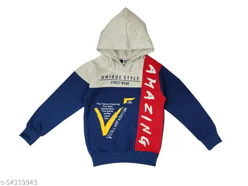 Wool hooded sweatshirt for kids, printed net pattern, long sleeves, high quality fabric, India