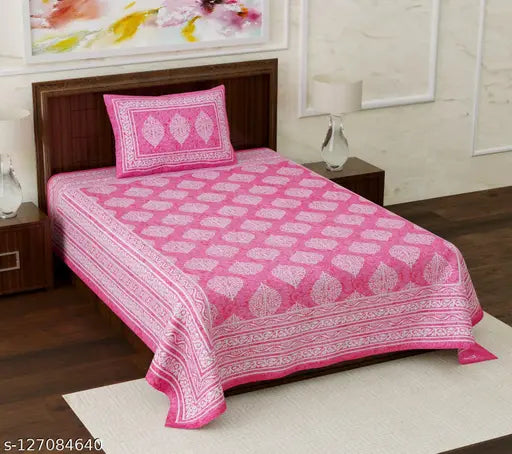UniqChoice pink cotton Jaipuri single bedsheet with pillow cover, 120 thread count, summer season, ethnic motifs