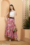 2 Real 2024 pink floral print crepe net skirt, size 28-34, India-made