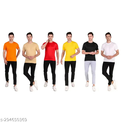 Multicolor polyester round neck half sleeve t-shirts for men, set of 6 (S, M, L, XL, XXL) - versatile everyday wear