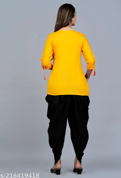 Rayon tunic and dhoti set with embroidery, three-quarter sleeves, Indian ethnic wear