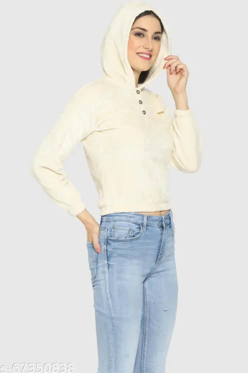 White wool long-sleeve hooded neck women's sweatshirt, great for daily wear, solid pattern