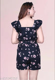 Stylish western printed poly crepe jumpsuit for women, flared short sleeves, side pockets, India origin