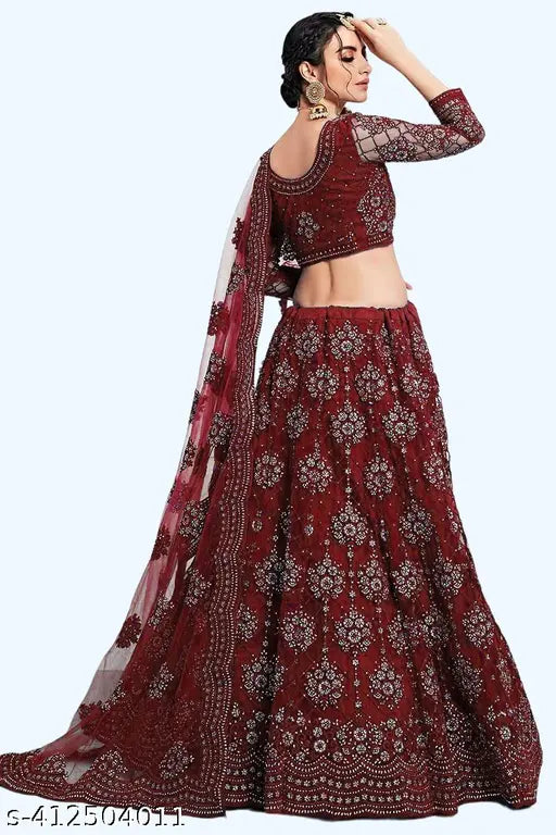 Indian semi-stitched net lehenga with unstitched blouse and embroidered dupatta, size 42m x 44m x 2.2m