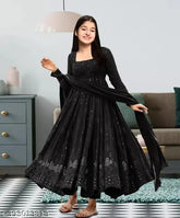 Silk embroidered georgette gown for girls, intricate net pattern on long sleeves, size 7-8 years