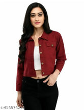 Solid denim Mehroon jacket, long sleeves for women & girls, Indian-made denim apparel