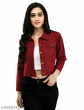 Solid denim Mehroon jacket, long sleeves for women & girls, Indian-made denim apparel