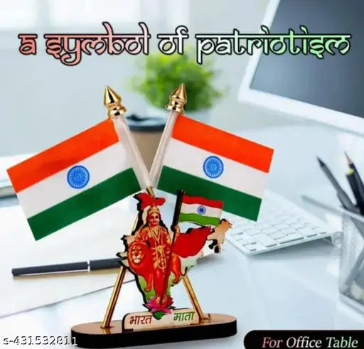 Durable plastic-plated Bharat Mata symbol stand, 3in. x 2in. Indian flag for car dashboard or office/study table decor